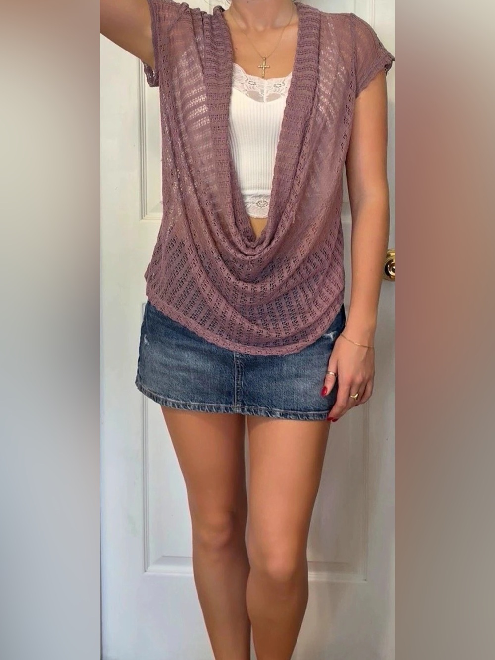 Purple Crochet Knit Cowl Neck Top